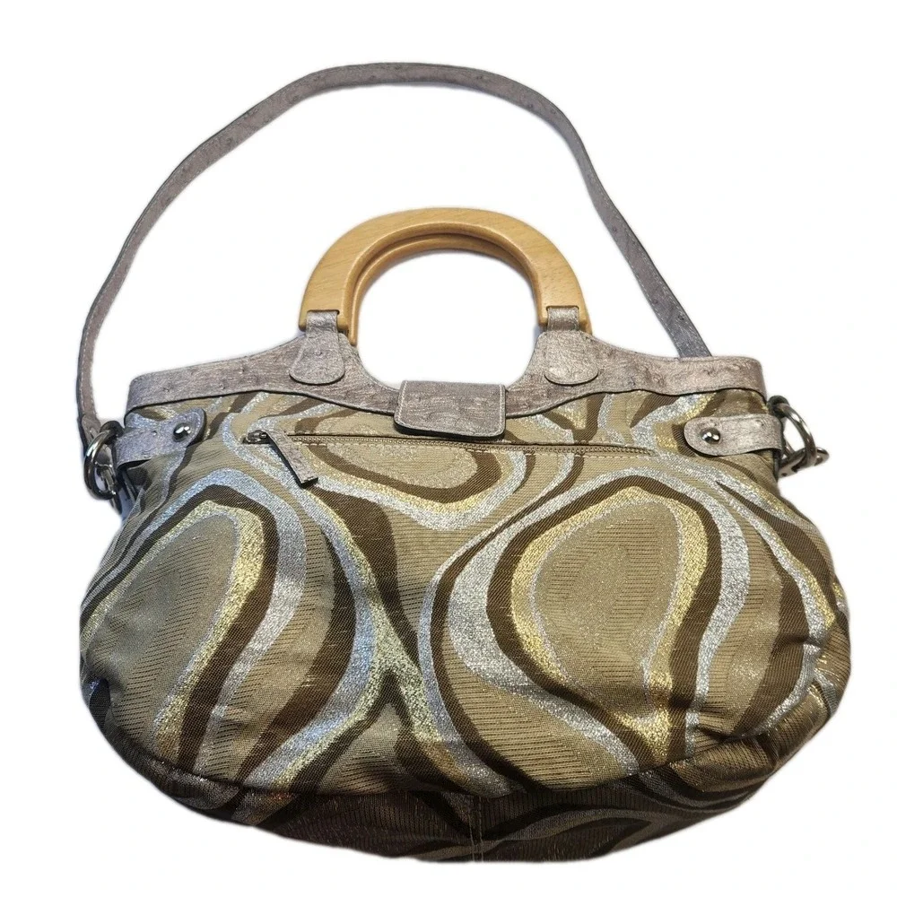 Vtg Guess Samba Metallic  Handbag Large Hobo Purse & Strap Retro Wood Handle‎